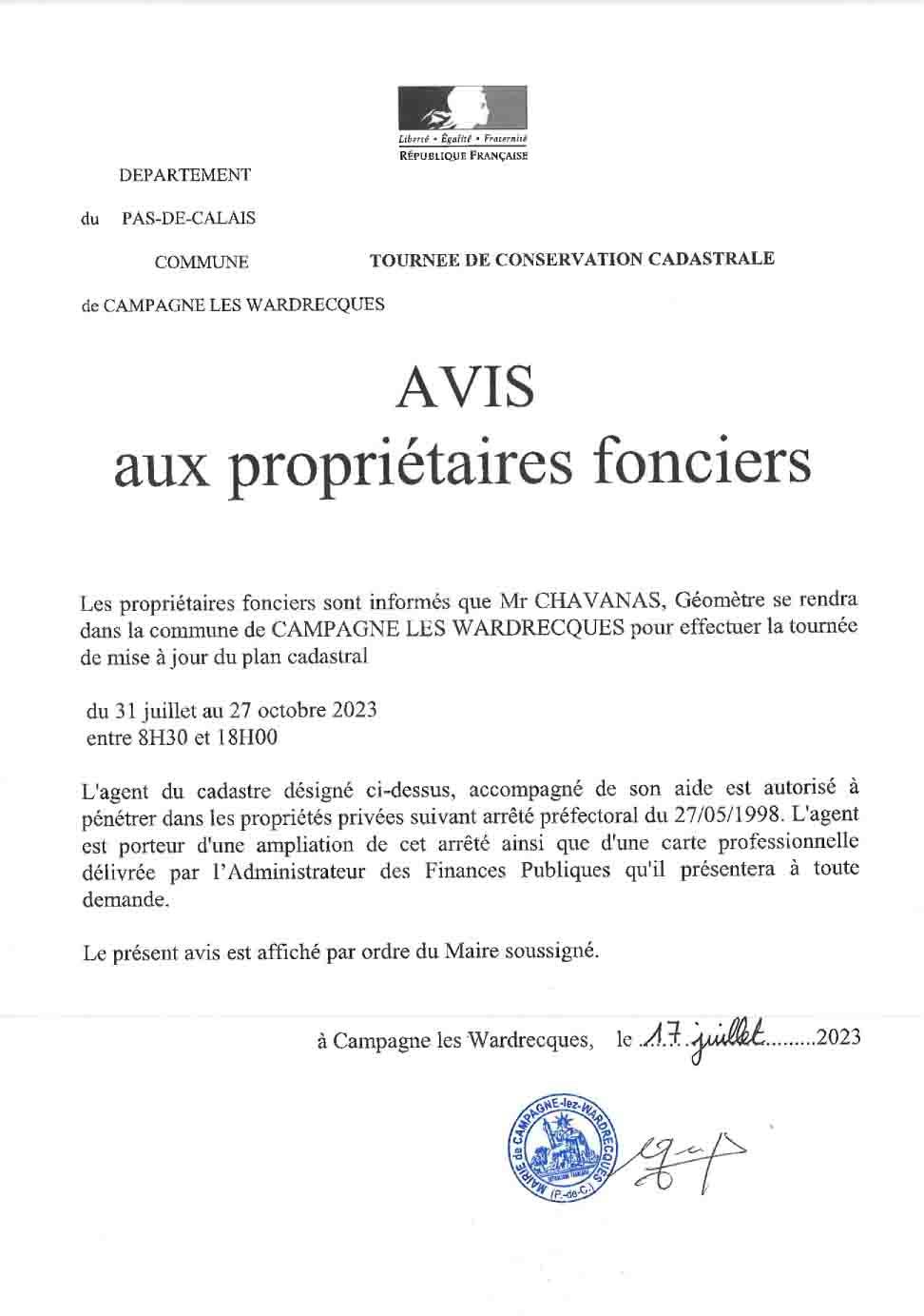 Avis aux proprietaures fonciers