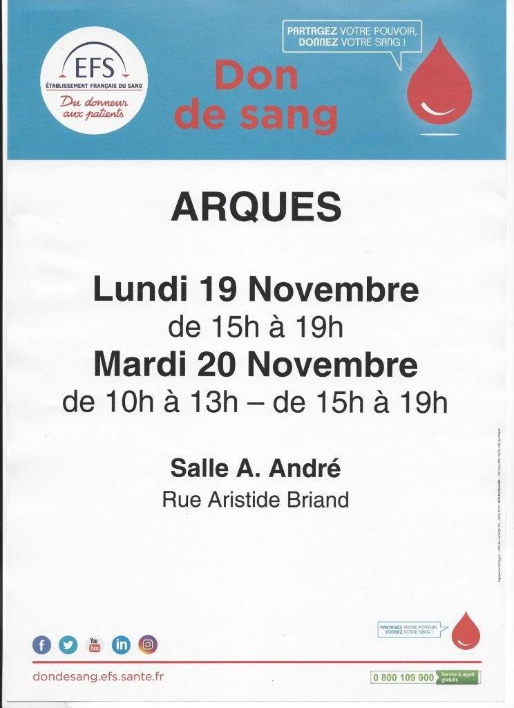 Don du sang arques 19 et 20 nov 2019