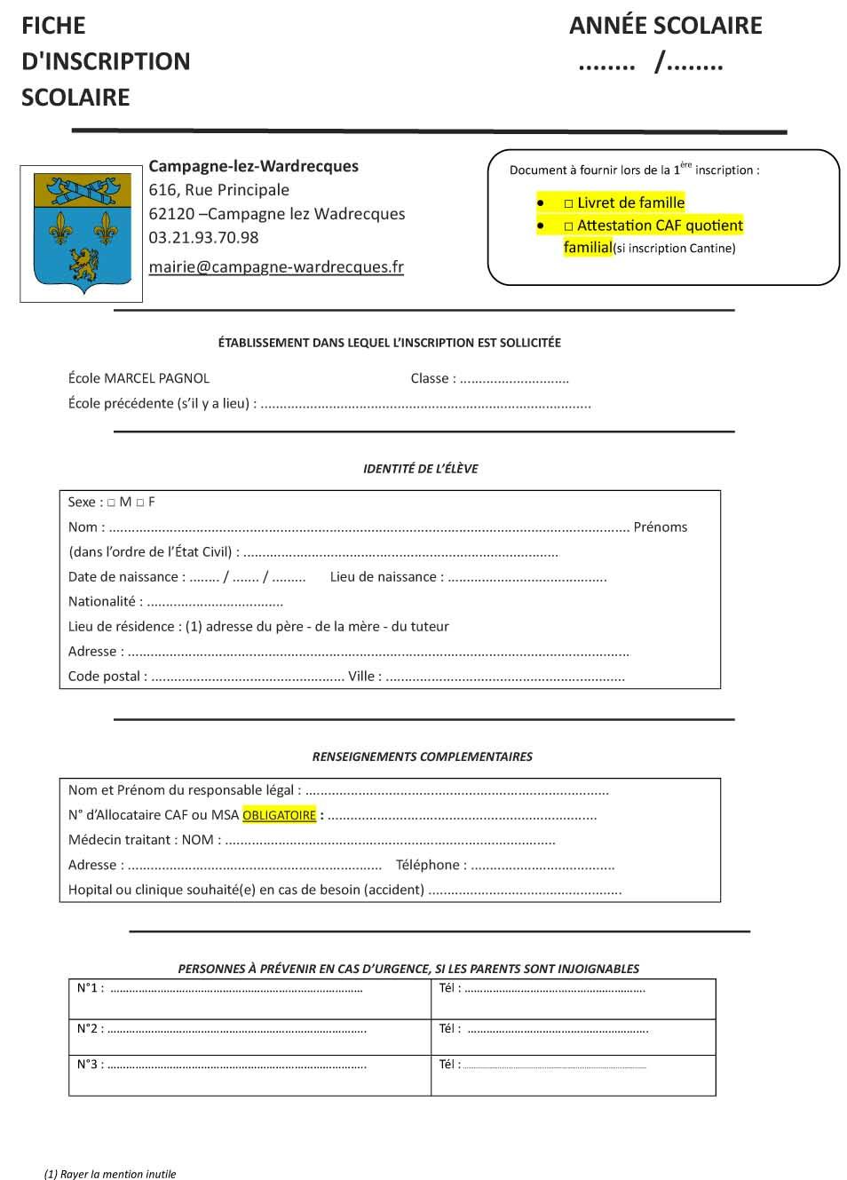 Fiche inscription scolaire 2026 1