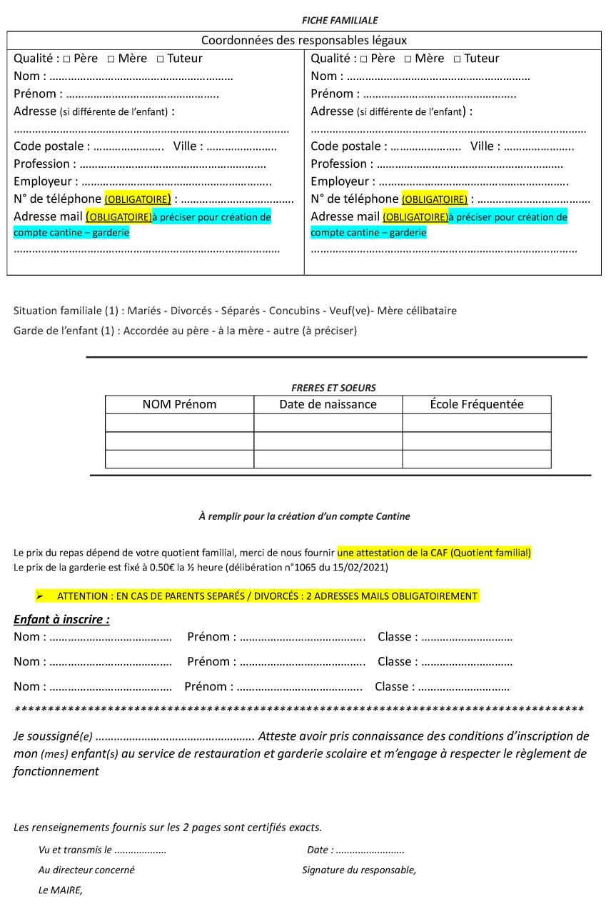 Fiche inscription scolaire 2026 2