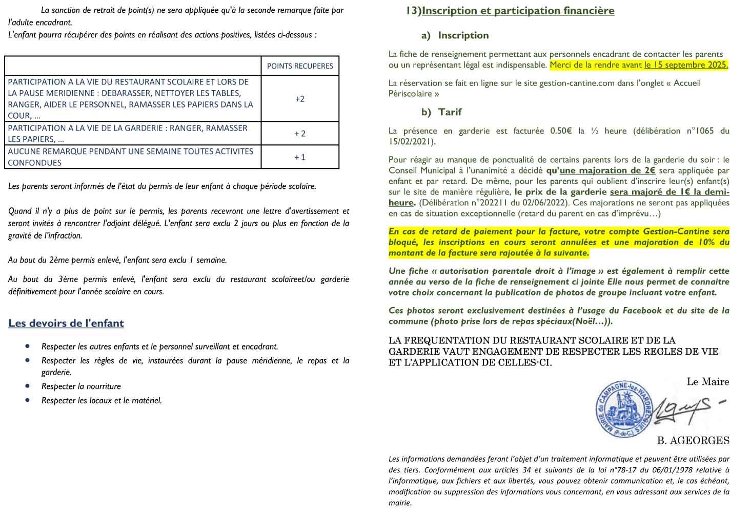 Reglement scolaire et garderie 2025 2